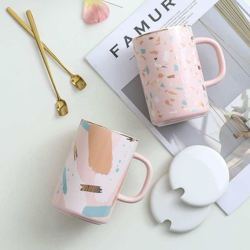 北欧创意马克杯少女心杯子陶瓷办公室水杯咖啡杯牛奶杯茶杯带盖勺