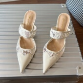 女细跟高跟鞋 欧美风漆皮桃心拼接蕾丝尖头包头半拖鞋 新款 2026春季