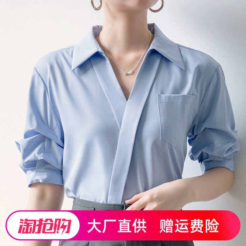 夏季简约法式翻V领斜襟五分泡泡袖口袋衬衫女通勤中袖职业面试装