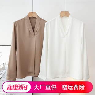 女顺滑透气衬衣 套头衬衫 2026春夏法式 通勤优雅仿醋酸缎面V领长袖