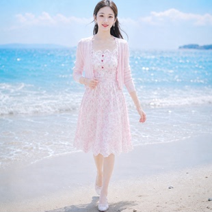 2026春秋季新款女装温柔风蕾丝拼接绣花吊带连衣裙两件套裙子套装