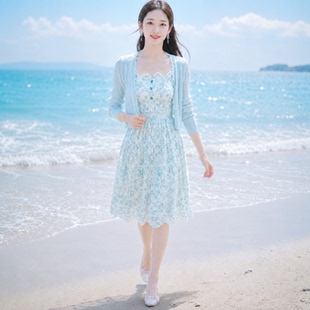 2026春秋季新款女装温柔风蕾丝拼接绣花吊带连衣裙两件套裙子套装