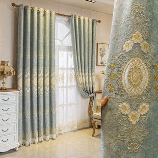 客厅窗帘窗纱高档大气欧式 雪尼尔绣花加厚遮光卧室落地窗成品定制
