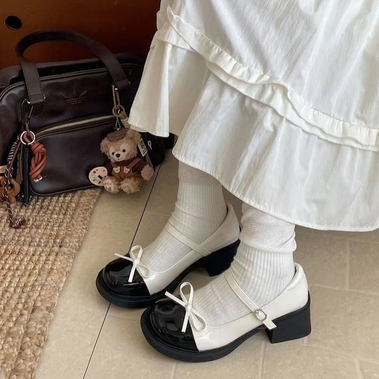 玛丽珍小皮鞋高跟鞋复古法式浅口厚底蝴蝶结单鞋女鞋圆头银色