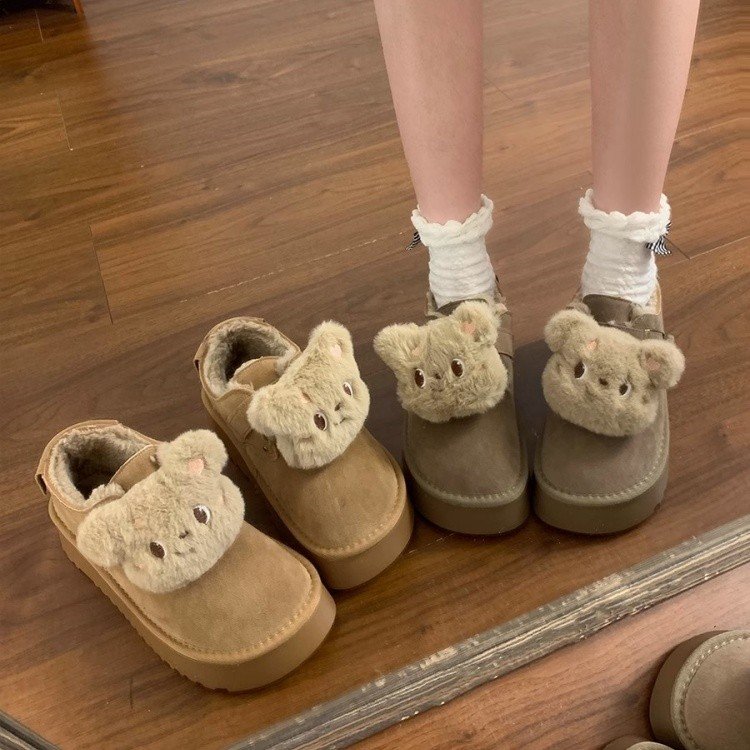 可爱小熊时尚百搭加绒加厚雪地靴女2025冬季新款增高防滑保暖棉鞋