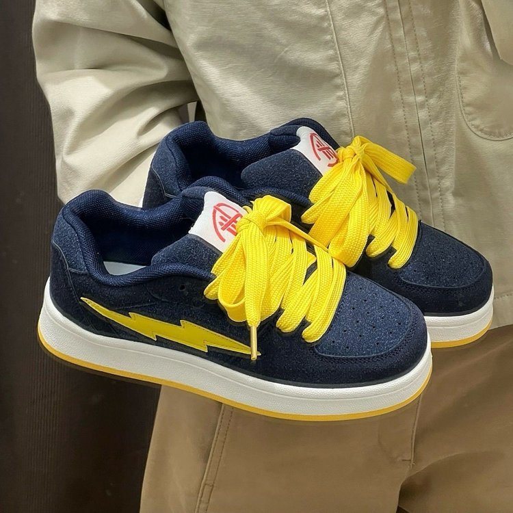 新款蓝黄色闪电美式面包鞋女有擦声透气复古滑板鞋低帮舒适休闲鞋