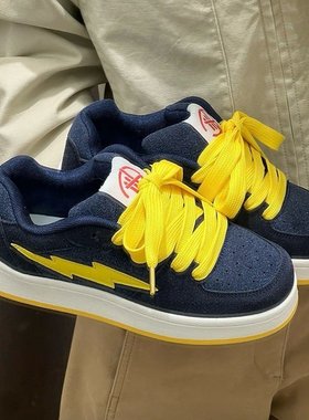 新款蓝黄色闪电美式面包鞋女有擦声透气复古滑板鞋低帮舒适休闲鞋
