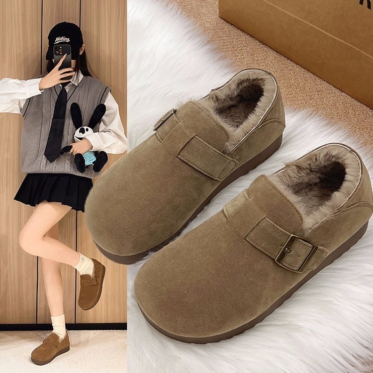 厚底全包勃肯女鞋加绒豆豆鞋2025新款冬季一脚蹬毛毛鞋博肯棉鞋子