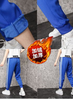 宝蓝色高中初中小学生一条杠冬季两道杠男女收口加绒加厚校服裤子