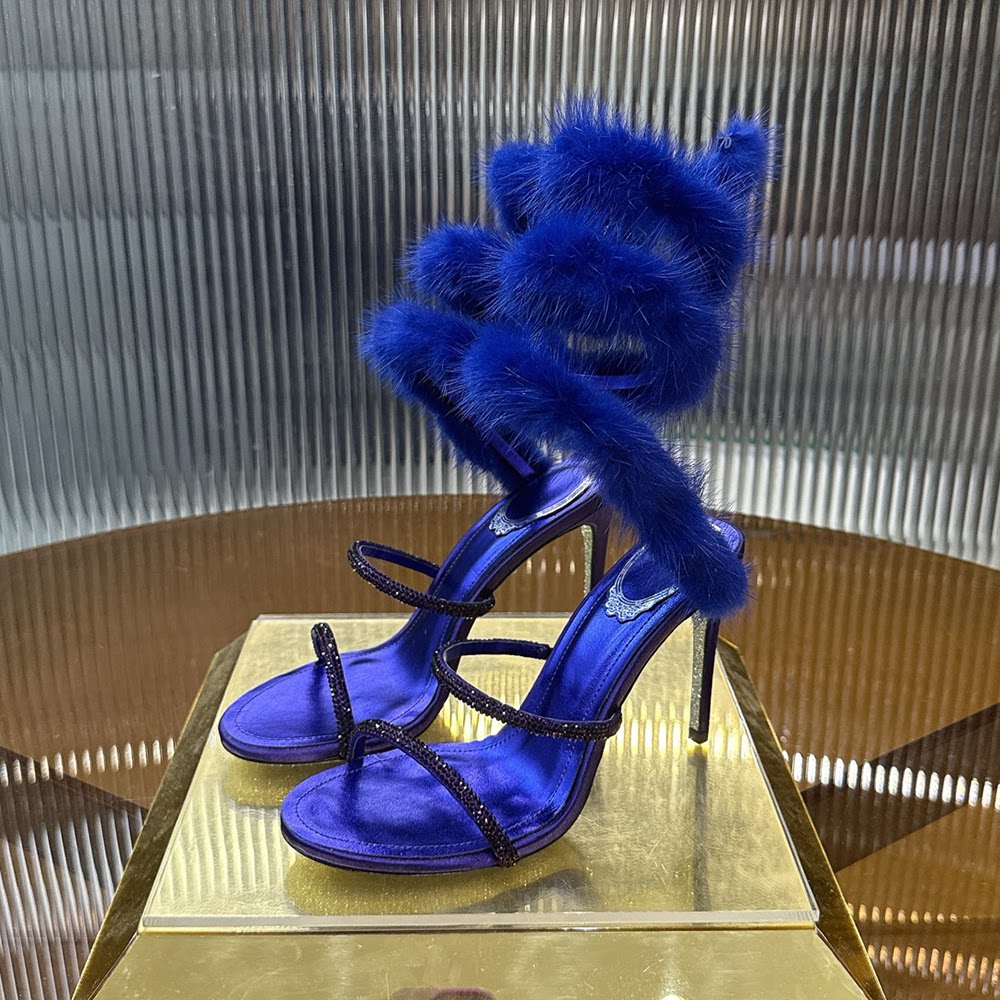 高定2025新款露趾凉鞋蛇形烫钻貂毛中空高跟鞋34 43 42 41