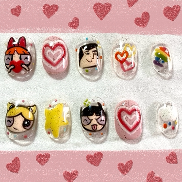 肥咪战甲店飞天小女警可爱卡通手绘美甲片指甲贴可穿戴可拆卸成品