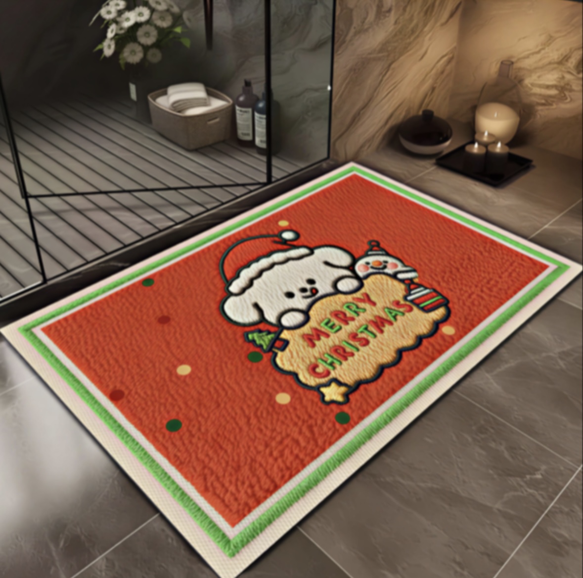 毛线风圣诞小狗卡通可爱吸水地垫床边家用硅藻厨房入户卧室地毯