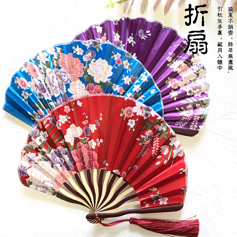 夏日折扇古风贝壳竹扇中国风绫绢女式水墨花卉随身便携小折叠扇子