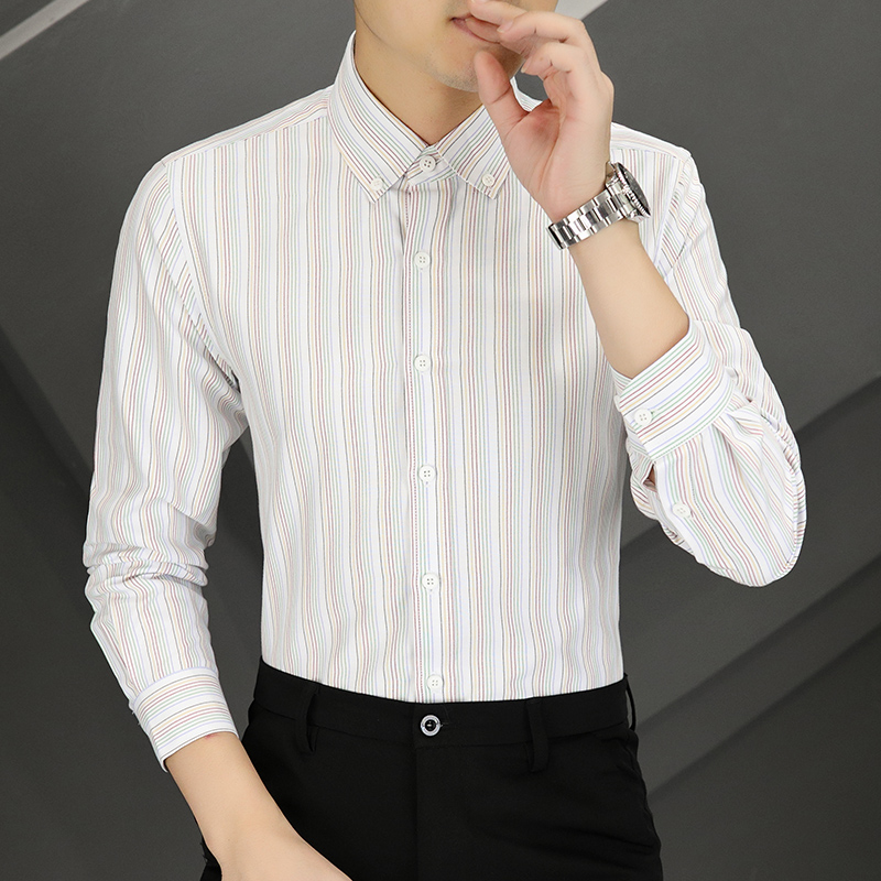春季条纹百搭衬衫商务修身小码XS青年男士韩版衬衣小个子155长袖
