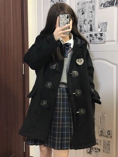 学院风jk制服牛角扣大衣秋冬黑色女中长款毛呢大衣连帽加厚款外套