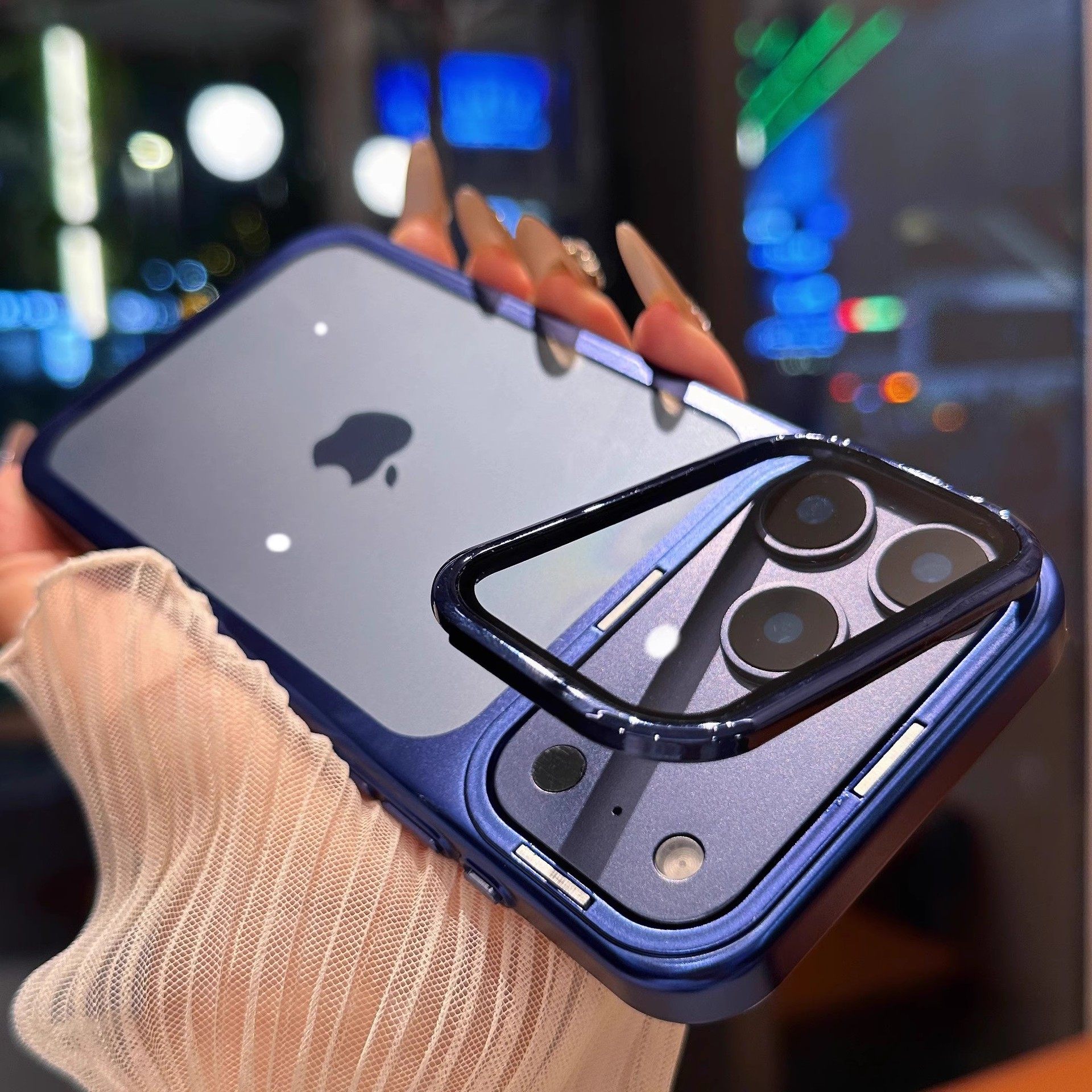 适用苹果17promax专用手机壳iphone16pm透明pro蓝色保护摄像头镜头盖带膜14可打开可开关遮挡翻盖外壳新款15