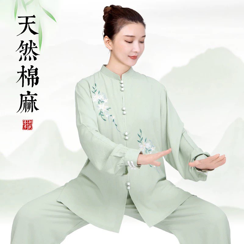 新款夏季长袖短袖刺绣棉麻亚麻太极晨练服气功八段锦透气吸汗拳服图片