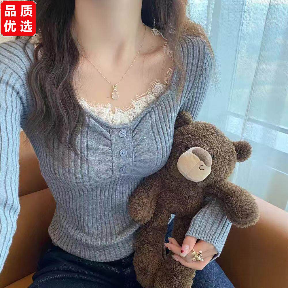 V领蕾丝针织打底衫女款内