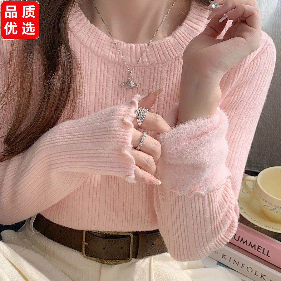 白色毛衣女圆领加绒打底