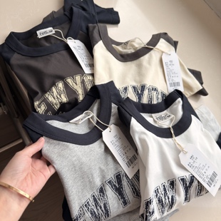 美式精梳棉 复古做旧印花 男士休闲圆领长袖T恤上衣情侣女打底衫