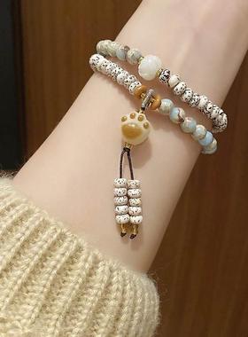 猫爪星月菩提盘缠寿山石手链