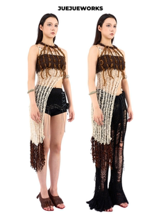 JUEJUEWORKS巧克力背心流苏不规则下摆原创纯手工毛线不对称上衣