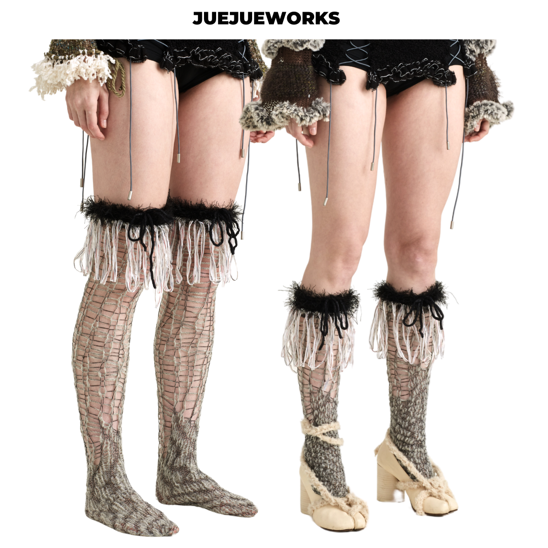 JUEJUEWORKS原创手工拼接毛线针织圣诞灰网袜