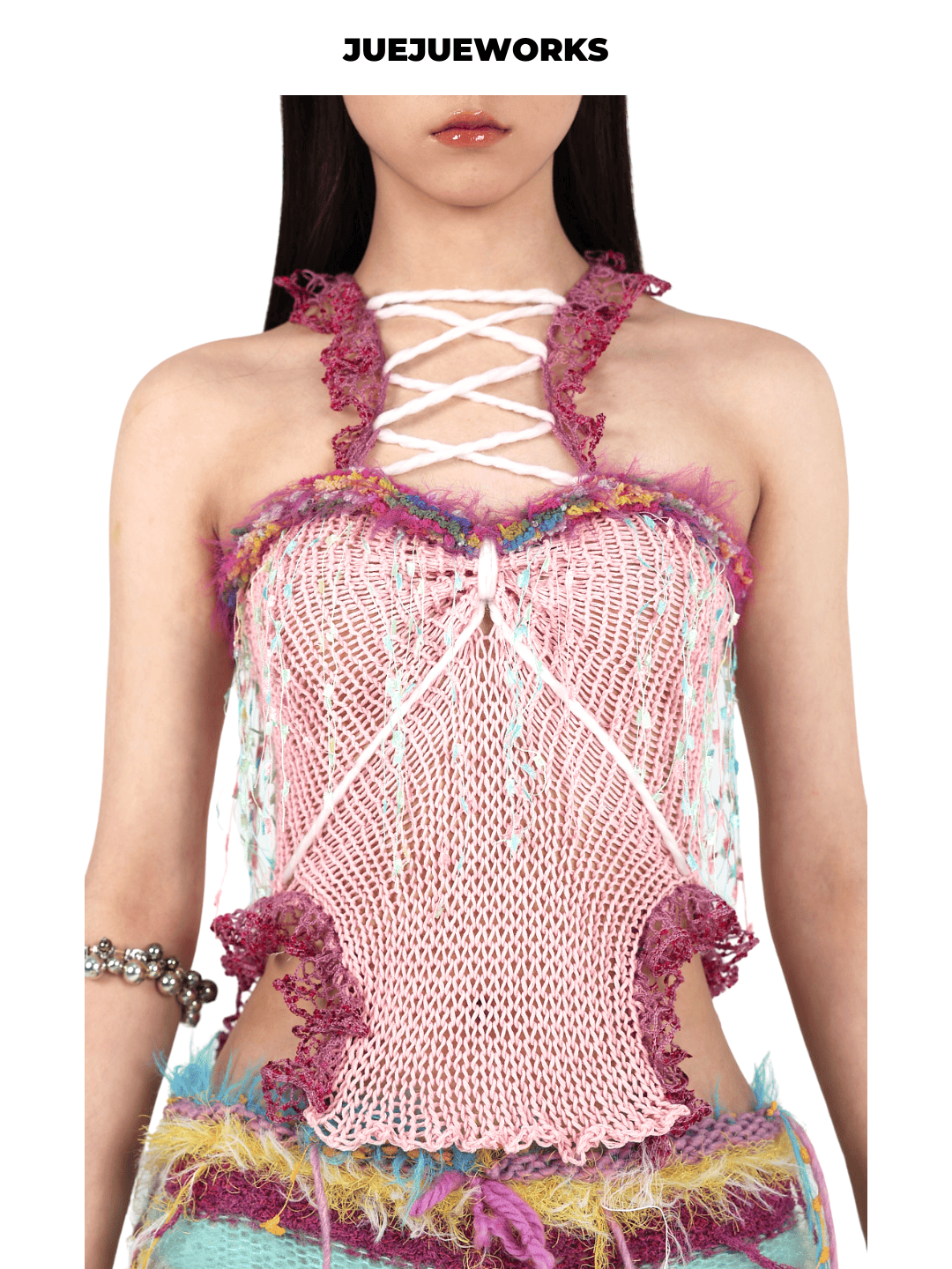 JUEJUEWORKS粉流苏背心原创高弹力纯手工毛线针织上衣蕾丝花边,女装/女士精品,背心吊带,淘宝优惠券,粉丝福利购,淘宝优惠卷