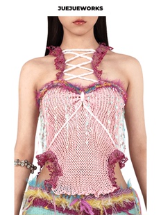JUEJUEWORKS粉流苏背心原创高弹力纯手工毛线针织上衣蕾丝花边
