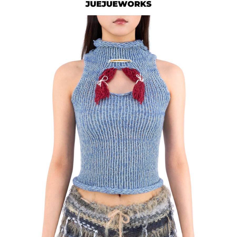 JUEJUEWORKS小舞台背心原创高弹力修身纯手工毛线针织上衣