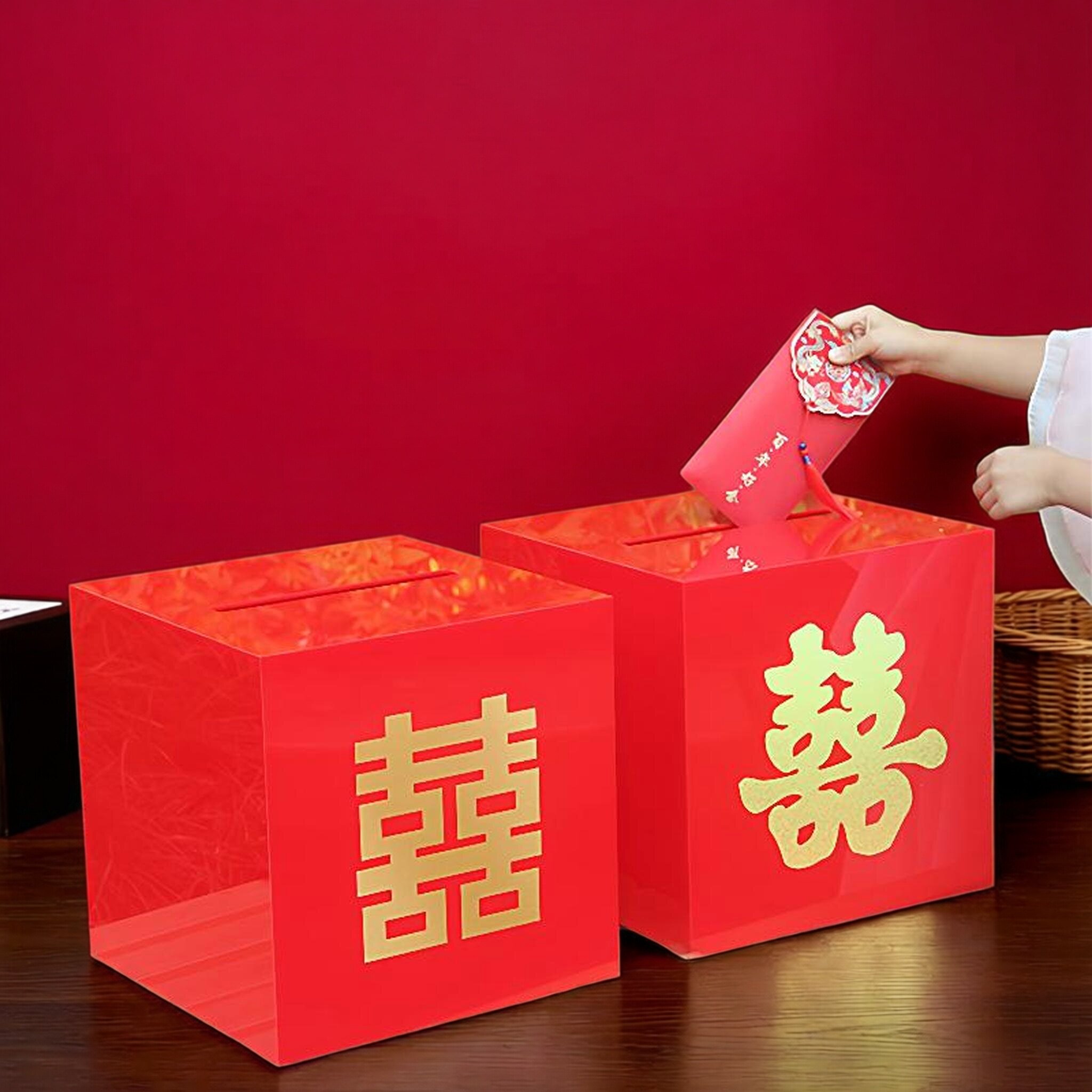 亚克力红色婚礼礼金箱带锁收纳盒