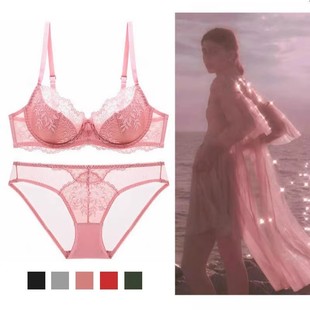 薄款性感蕾丝文胸套装上托纯色大码胖mm大胸显小红色本命年内衣女