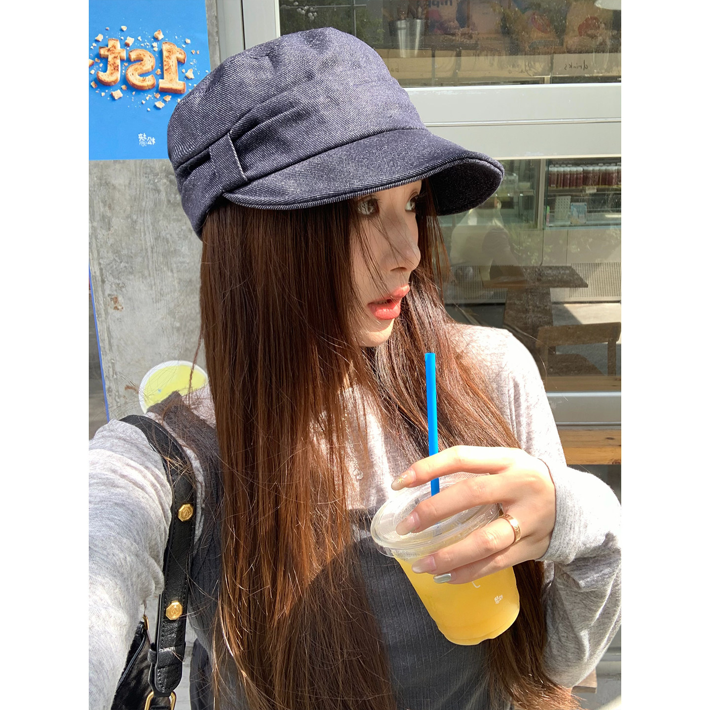 气质款丹宁牛仔平顶褶皱马术帽子女时髦洋气显脸小大头八角报童帽