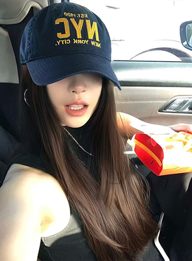 【ju好戴】美式复古NYC字母刺绣棒球帽子藏青色大头显脸小鸭舌帽