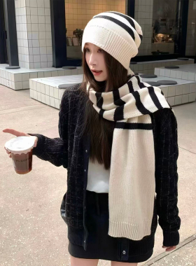 小香风条纹毛线帽子围巾组合套装