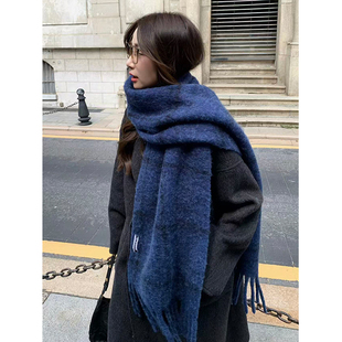高级深海蓝！羊毛混纺格子围巾女冬保暖加厚清冷氛围感披肩围脖男