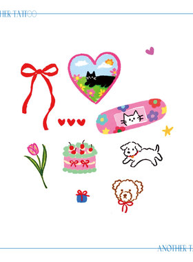 AnOther Tattoo彩色ins蝴蝶结猫咪可爱狗纹身贴组合买一送一防水