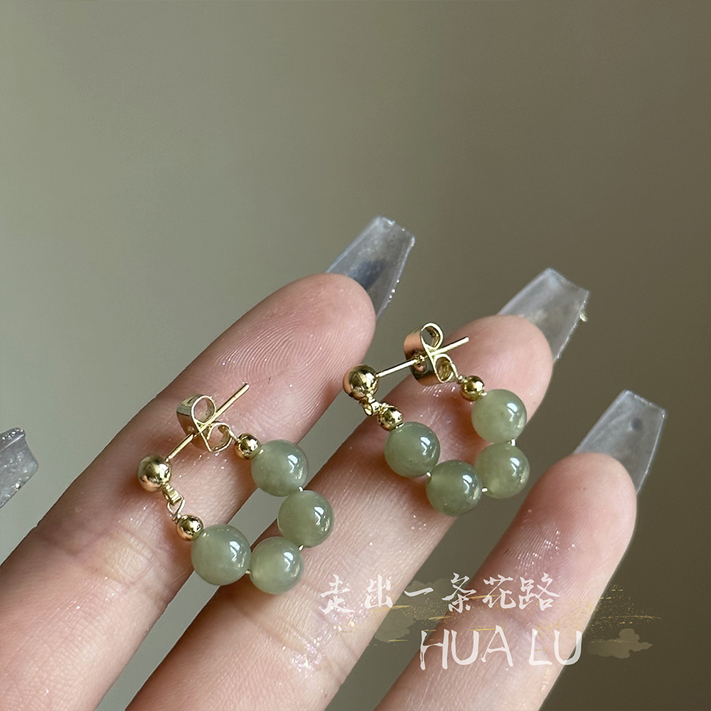 HUALU-青苑~天然和田玉绿色耳环精致耳钉高级感古风蚊香盘耳夹女