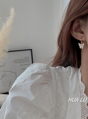 HUALU-好搭的feel~Jennie虞书欣同款天然白贝壳紫色蝴蝶耳环耳夹