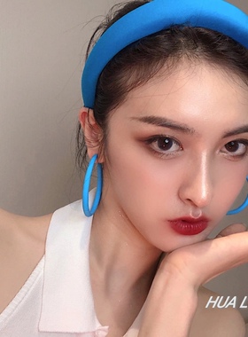 日韩时髦个性洋气复古天空蓝几何925银c型大圆圈圈耳环+蓝色发箍