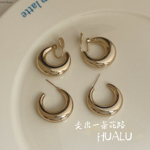HUALU-波尔卡舞曲～极简亮面金属冷淡风c形耳圈蚊香盘耳夹耳环女