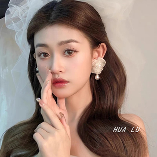 HULU-甜梦~超仙女网纱花朵水钻流苏长款水滴珍珠温柔精致耳环耳夹