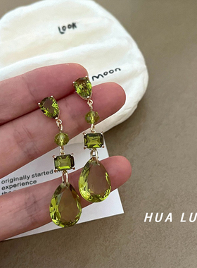 HUALU-竹林听雨~浪漫法式橄榄绿色水晶高级复古水滴轻奢耳环耳夹