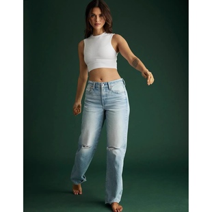 美系AE 复古高端线 女款 baggy蓝色低腰宽松破洞直筒牛仔裤