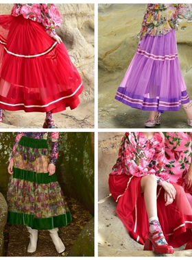 澳洲高端设计师TC 女款 复古印花网纱/欧根纱拼接A字半身裙 多色