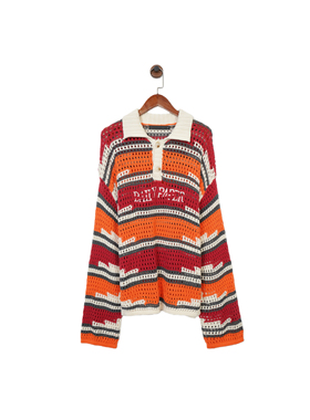 荷兰轻奢街头DP 男款 棉质 复古条纹撞色钩针镂空针织Polo衫