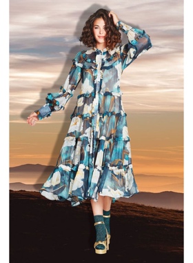 澳洲高端设计师TC 女款 $899复古荷叶边褶皱薄纱花卉印花连衣裙