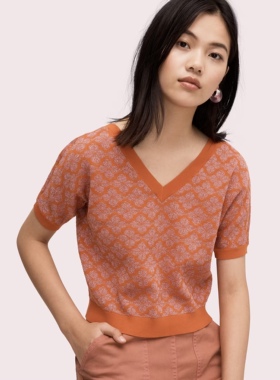 纽约轻奢KS 女款 复古黑桃花卉提花双V领短袖针织衫 毛衣