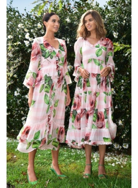 澳洲高端设计师TC 女款 复古花卉印花褶边薄纱喇叭袖连衣裙