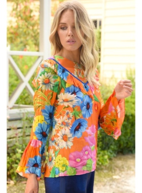 澳洲高端设计师TC 女款 橙色 花卉印花荷叶喇叭袖上衣
